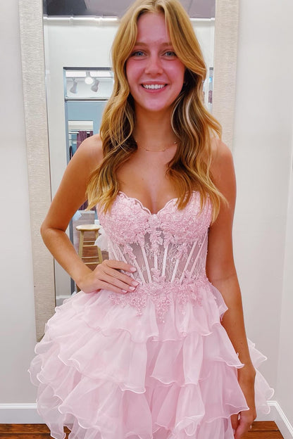 Sweetheart Appliques Homecoming Dresses Strapless Corset Ruffles Party Gowns HE496