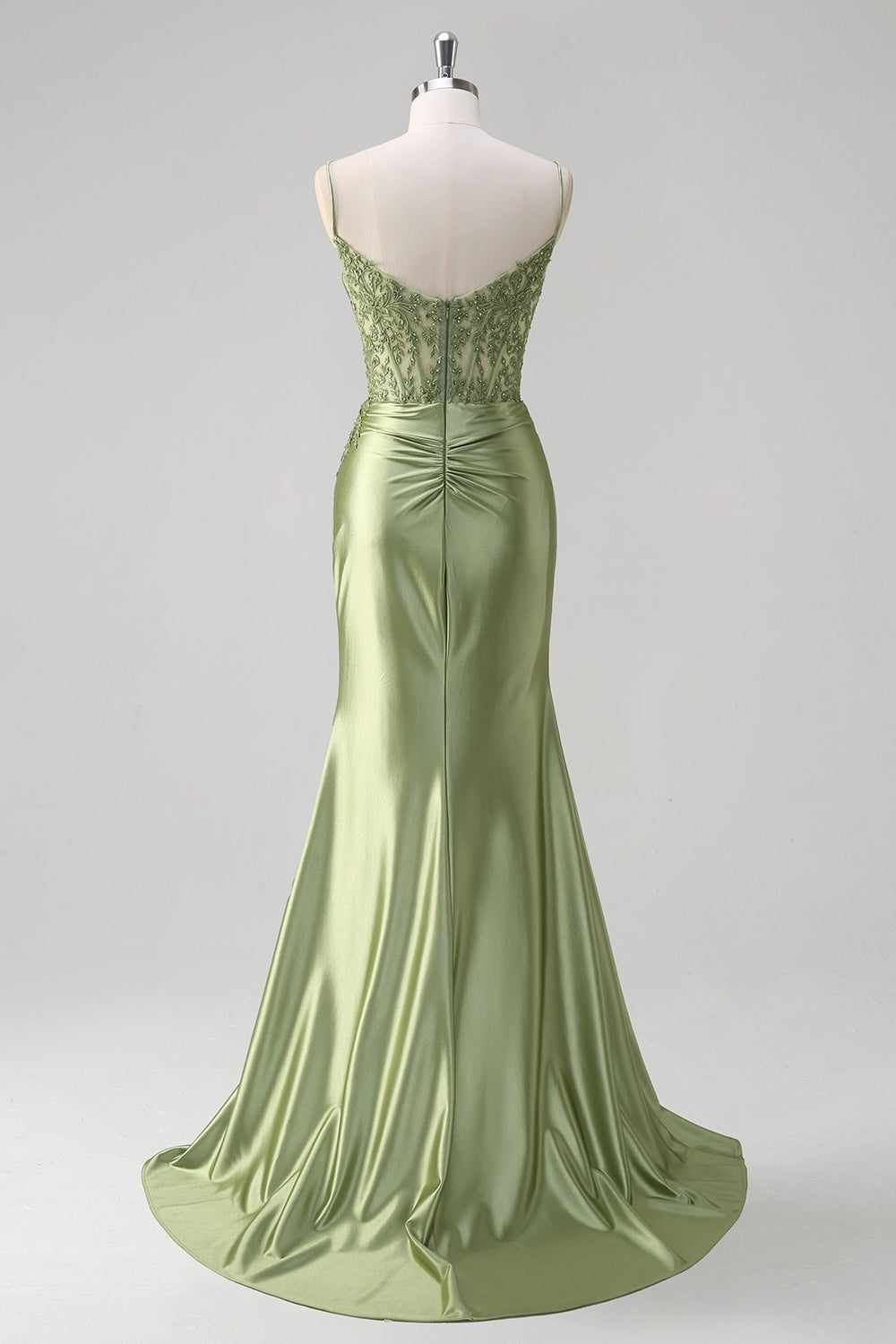 HE010-Satin Mermaid Long Prom Dresses with Slit Lace Appliques Evening Gowns Spaghetti Straps Formal Party Dresses