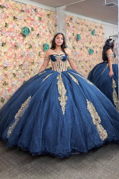 HE056-Blue Tulle Lace Appliques Quinceanera Dresses Ball Gown Cap Sleeves Birthday Party Dresses for Sweet 16