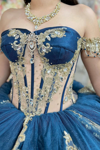 HE056-Blue Tulle Lace Appliques Quinceanera Dresses Ball Gown Cap Sleeves Birthday Party Dresses for Sweet 16