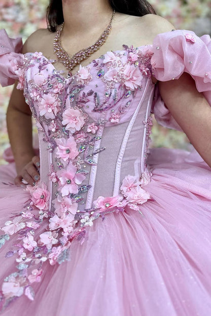 HE058-Vestido de quinceañera rosa con hombros descubiertos, apliques de flores 3D de tul, ideal para fiestas de cumpleaños y dulces 16