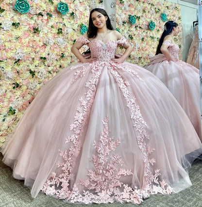 Pink Quinceanera Dresses Tulle Lace Appliques Birthday Party Dress for Sweet 16 HE087