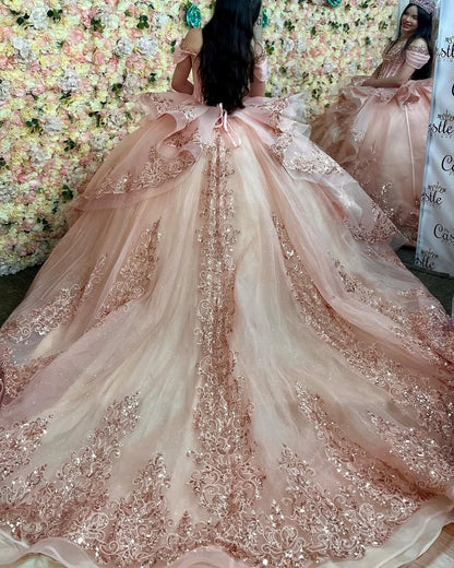 HE086 - Hermosos vestidos de quinceañera con apliques de encaje, tul con hombros descubiertos y volantes de cuentas, ideal para fiestas de cumpleaños de 16 años.