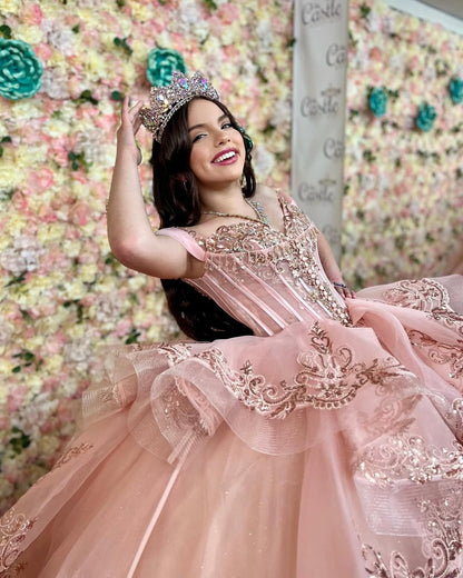 HE086 - Hermosos vestidos de quinceañera con apliques de encaje, tul con hombros descubiertos y volantes de cuentas, ideal para fiestas de cumpleaños de 16 años.