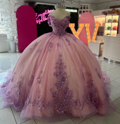 HE230-Vestido de princesa para quinceañera, hombros descubiertos, tul, apliques de encaje, para fiesta de cumpleaños de 16 años