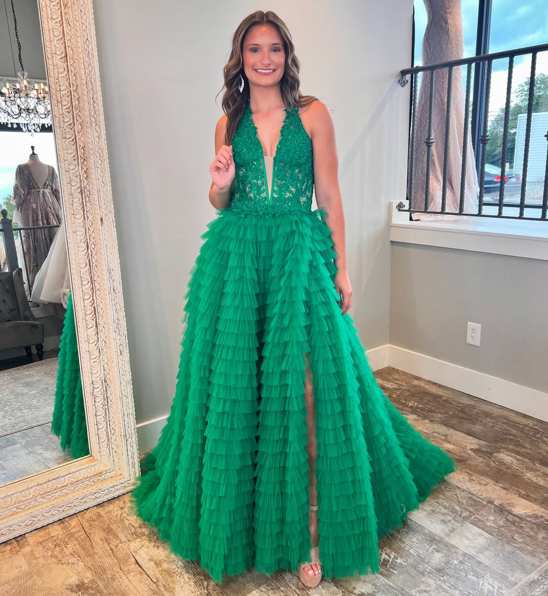 HE368-Women's V Neck A Line Long Prom Dresses Tulle Lace Ruffles Evening Gowns Plus Size Party Dresses