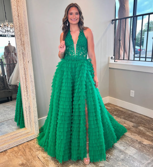 HE368-Women's V Neck A Line Long Prom Dresses Tulle Lace Ruffles Evening Gowns Plus Size Party Dresses