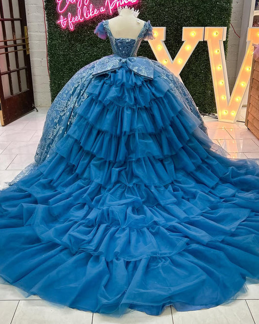 HE223-Hermosos vestidos de quinceañera con escote en V, vestido de baile de princesa, vestidos de cumpleaños, vestido de fiesta de tul con encaje y volantes para dulces 16