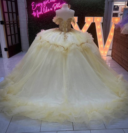 HE224-Vestido de quinceañera con hombros descubiertos, tul, cuentas, princesa, para fiesta de cumpleaños de 16 años