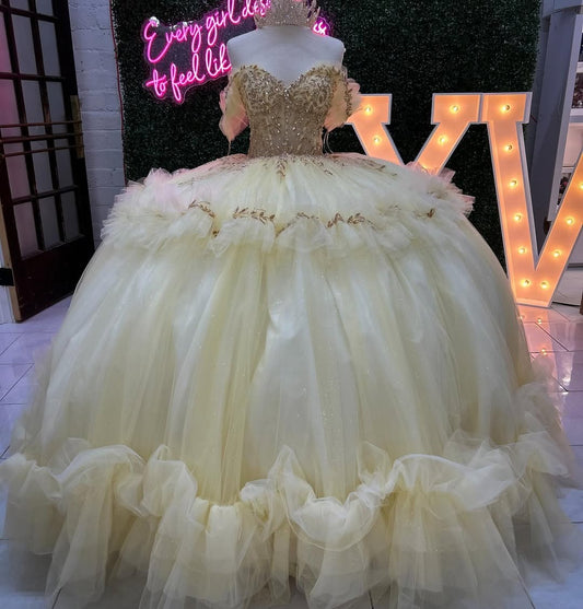 HE224-Vestido de quinceañera con hombros descubiertos, tul, cuentas, princesa, para fiesta de cumpleaños de 16 años