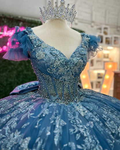HE223-Hermosos vestidos de quinceañera con escote en V, vestido de baile de princesa, vestidos de cumpleaños, vestido de fiesta de tul con encaje y volantes para dulces 16