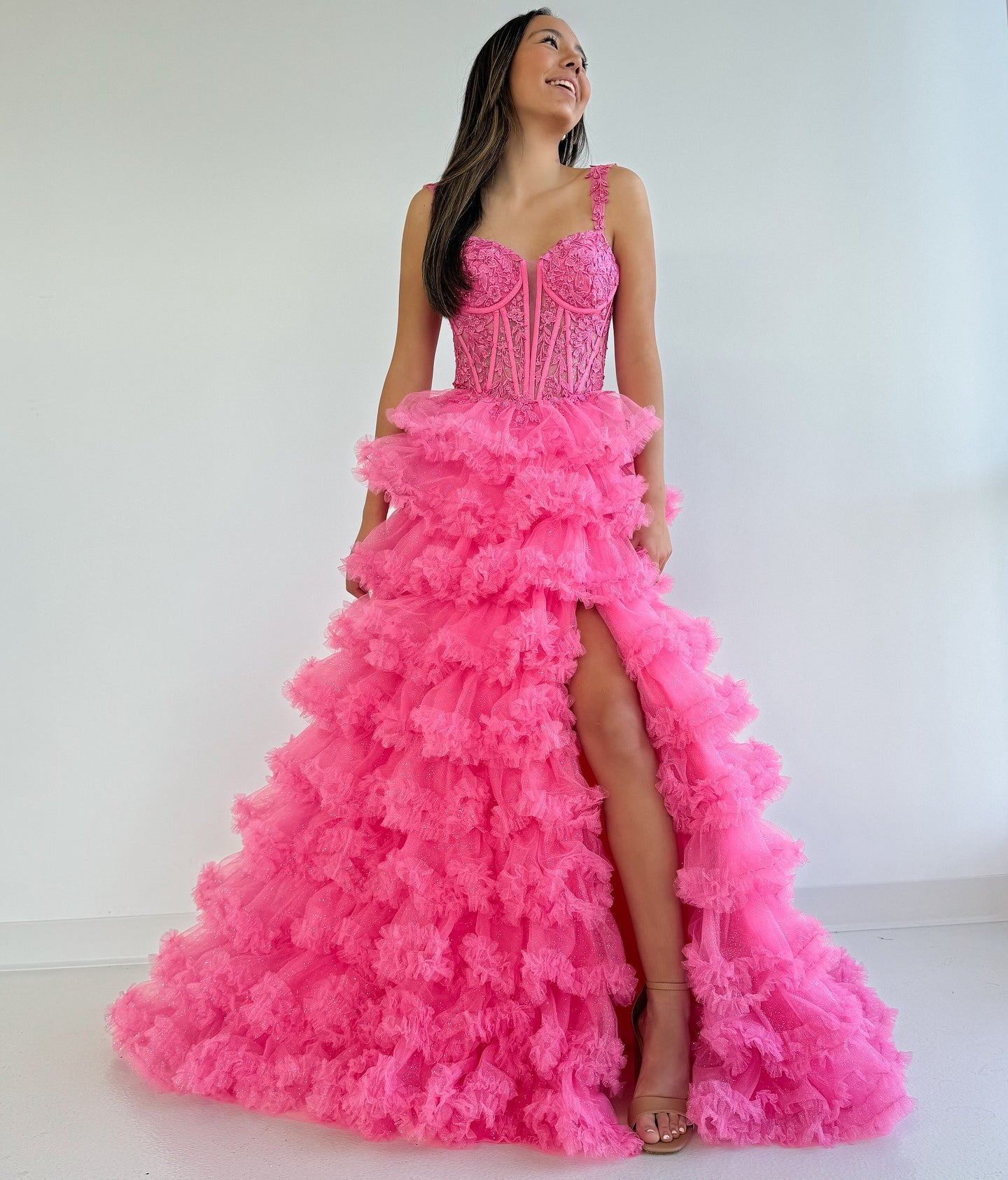 HE197-A Line Tulle Ruffles Prom Dresses with Slit Sweetheart Plus Size Evening Gowns Corset Lace Appliques Party Dresses Long