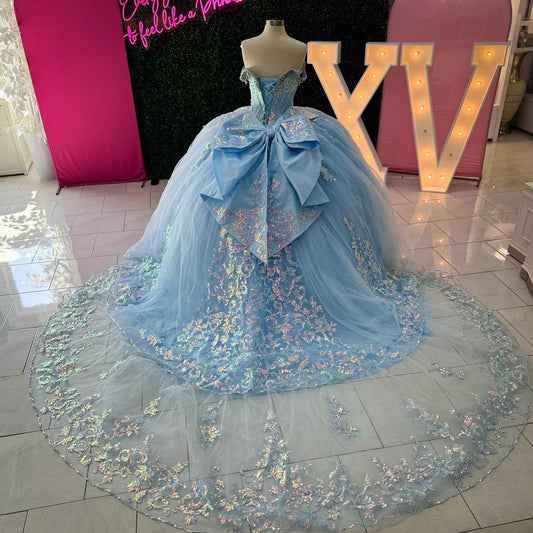 HE228-Vestido de quinceañera azul cielo estilo princesa, con hombros descubiertos, tul, encaje y cuentas, para fiesta de graduación y cumpleaños