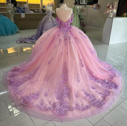 HE230-Vestido de princesa para quinceañera, hombros descubiertos, tul, apliques de encaje, para fiesta de cumpleaños de 16 años