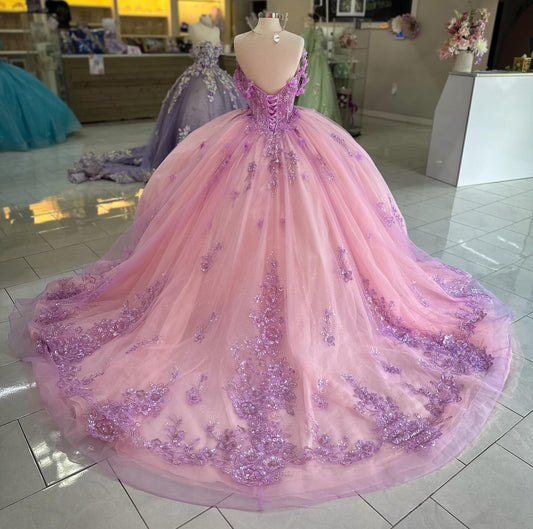 HE230-Vestido de princesa para quinceañera, hombros descubiertos, tul, apliques de encaje, para fiesta de cumpleaños de 16 años