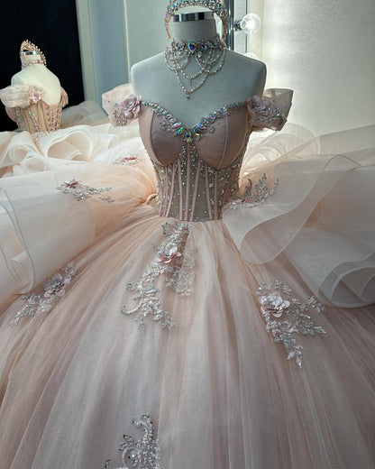 Off Shoulder Tulle Ruffles Lace Beaded Pink Quinceanera Dresses for Birthday Party HE940