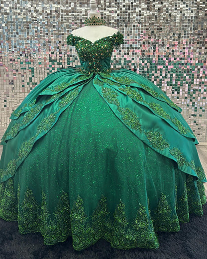 Emerald Green Tulle Glittery Lace Beaded Princess Quinceanera Dresses for Birthday HE943