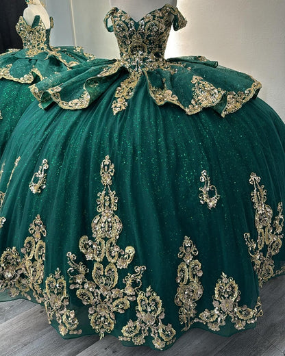Glittery Tulle Lace Appliqued Sweet 16 Green Quinceanera Dresses with Ruffles HE942