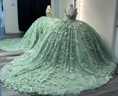 Ball Gown Princess Tulle 3d Flowers Sage Quinceanera Dresses for Sweet 16 HE939