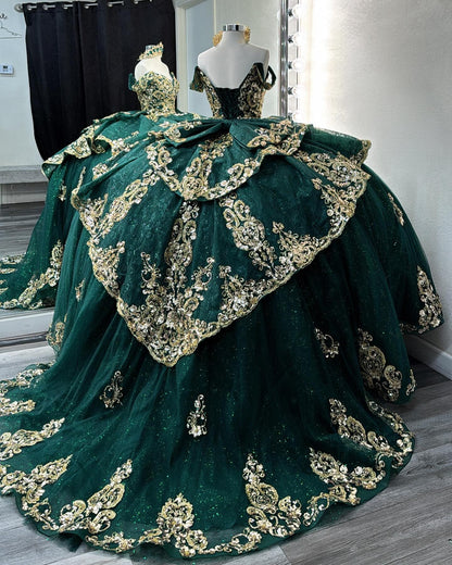 Glittery Tulle Lace Appliqued Sweet 16 Green Quinceanera Dresses with Ruffles HE942