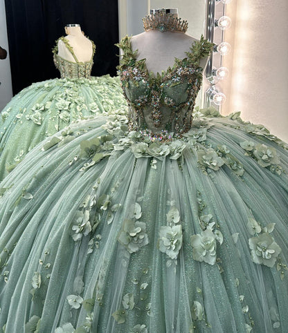 Ball Gown Princess Tulle 3d Flowers Sage Quinceanera Dresses for Sweet 16 HE939