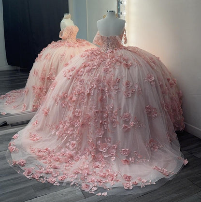 Princess Ball Gown Tulle 3d Flowers Pink Sweet 16 Quinceanera Dresses HE941