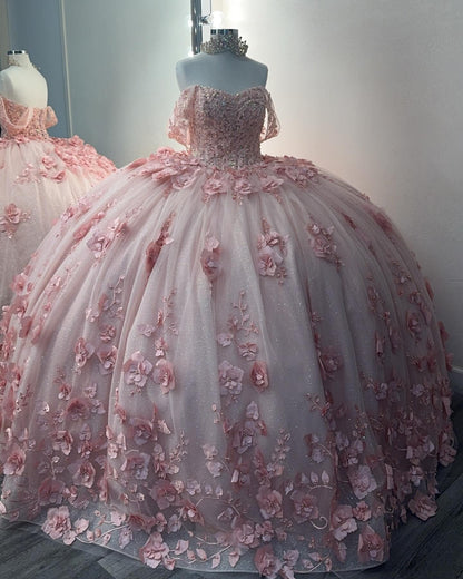 Princess Ball Gown Tulle 3d Flowers Pink Sweet 16 Quinceanera Dresses HE941