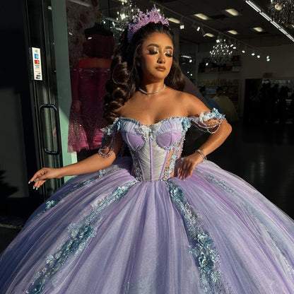 Ball Gown Tulle Lace Appliqued Sweet 16 Princess Lilac Quinceanera Dresses HE674