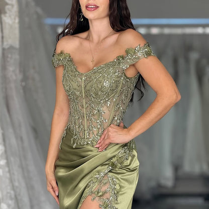 HE009-Mermaid Prom Dresses Long for Women Off Shoulder Evening Dresses Plus Size Satin Lace Appliques Maxi Party Gowns