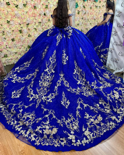 HE080-Vestido de quinceañera de tul con hombros descubiertos, sin mangas, color azul real, para fiesta de graduación, cumpleaños y dulces 16