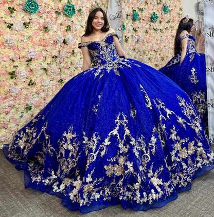 HE080-Vestido de quinceañera de tul con hombros descubiertos, sin mangas, color azul real, para fiesta de graduación, cumpleaños y dulces 16