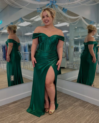 HE204-Plus Size Satin Prom Dresses Long for Women Off Shoulder Mermaid Evening Gowns Side Slit Corset Party Dresses