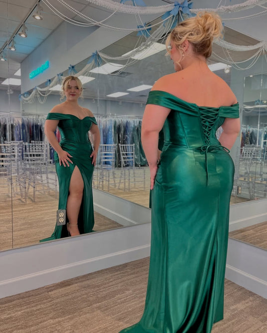 HE204-Plus Size Satin Prom Dresses Long for Women Off Shoulder Mermaid Evening Gowns Side Slit Corset Party Dresses