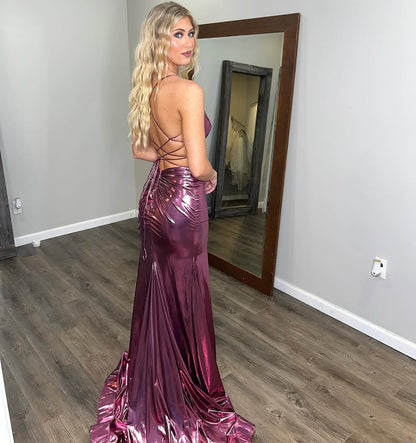 HE015-Metallic Satin Prom Dresses for Women Sexy V Neck Evening Gowns Long Spaghetti Straps Backless Party Dresses