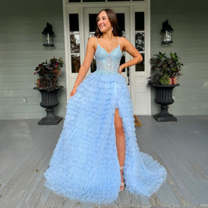 HE143-Tulle Ruffles A Line Prom Dresses Long for Women Lace Appliques Evening Gowns Side Slit Party Dresses