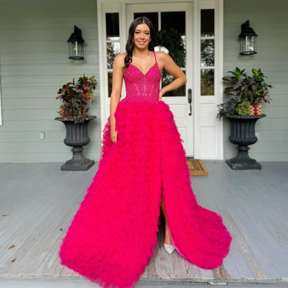 HE143-Tulle Ruffles A Line Prom Dresses Long for Women Lace Appliques Evening Gowns Side Slit Party Dresses