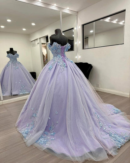 Gorgeous Lilac Quinceanera Dresses for Sweet 16 Tulle Appliqued Prom Gowns HE446
