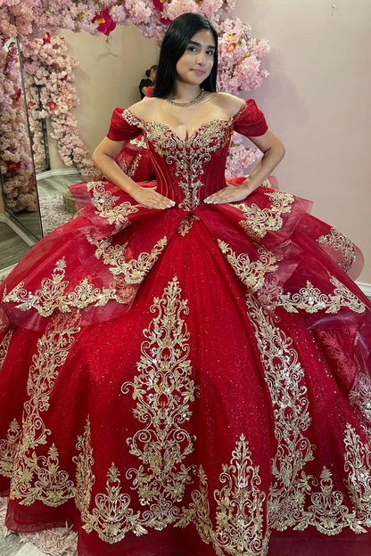 Off Shoulder Lace Appliqued Tulle Red Sweet 15 Quinceanera Dresses with Tiered HE1584