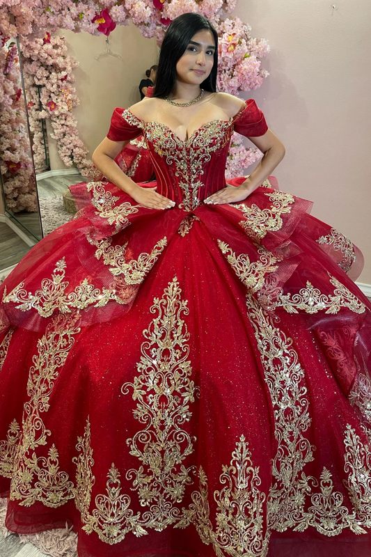 Off Shoulder Lace Appliqued Tulle Red Sweet 15 Quinceanera Dresses with Tiered HE1584