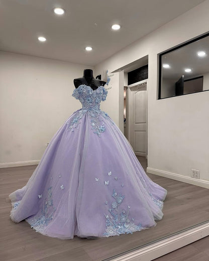 Gorgeous Lilac Quinceanera Dresses for Sweet 16 Tulle Appliqued Prom Gowns HE446