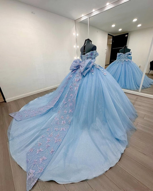 Vestidos de quinceañera con apliques de tul, vestido de baile azul, vestidos de fiesta para dulces 16, HE445