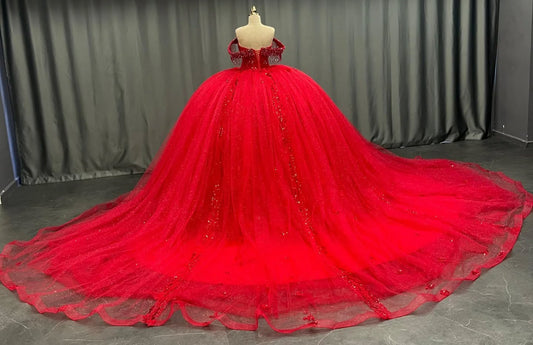 HE174-Vestido de quinceañera de tul rojo con cola larga, vestido de princesa con cuentas, vestido de fiesta de graduación sin mangas con hombros descubiertos para dulces 16