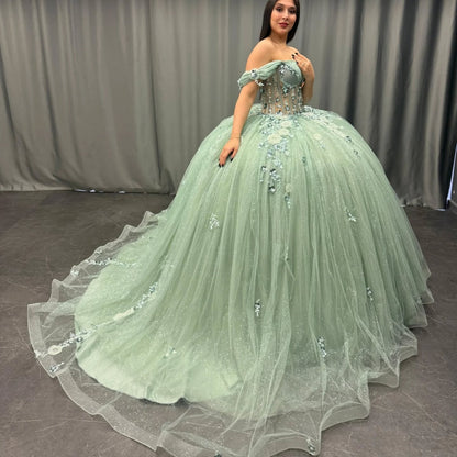 HE154 - Hermosos vestidos de quinceañera con tul, encaje y cuentas, para dulces 16, hombros descubiertos, vestidos de princesa para fiesta de cumpleaños.