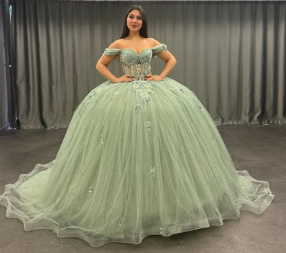 HE154 - Hermosos vestidos de quinceañera con tul, encaje y cuentas, para dulces 16, hombros descubiertos, vestidos de princesa para fiesta de cumpleaños.