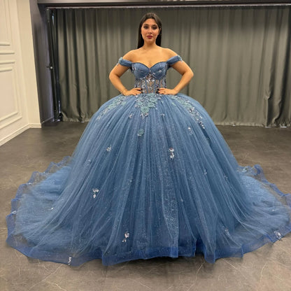 HE154 - Hermosos vestidos de quinceañera con tul, encaje y cuentas, para dulces 16, hombros descubiertos, vestidos de princesa para fiesta de cumpleaños.