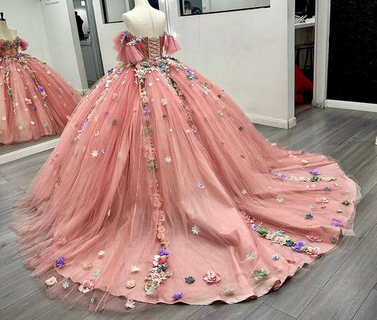 Vestidos de quinceañera de lujo con apliques de flores 3D, vestidos de fiesta de graduación para dulces 16, HE444
