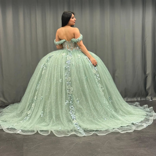 HE154 - Hermosos vestidos de quinceañera con tul, encaje y cuentas, para dulces 16, hombros descubiertos, vestidos de princesa para fiesta de cumpleaños.