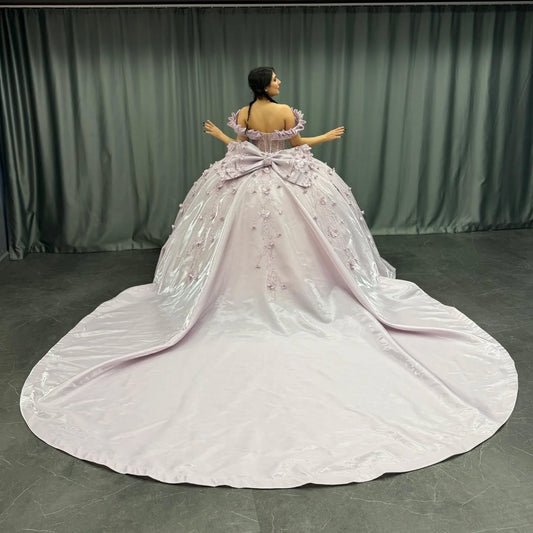 HE156 - Vestidos de quinceañera de satén con hombros descubiertos y cuentas, con flores 3D, para fiesta de graduación, estilo princesa, para fiesta de cumpleaños