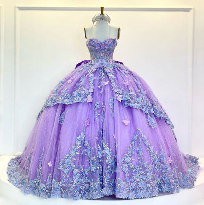 Lilac Sweetheart Tulle Appliques Quinceanera Dresses Princess Birthday Party Dresses HE311