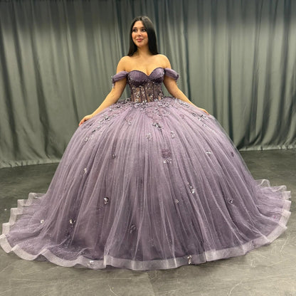 HE167 - Hermoso vestido de quinceañera con hombros descubiertos, vestido de baile de tul con encaje y cuentas, vestido de princesa para fiesta de cumpleaños y graduación para dulces 16